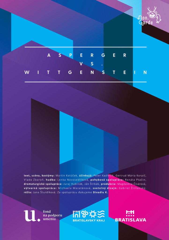 Modré, fialové a ružové geometrické objekty, text, logo Divadla Non.Garde.